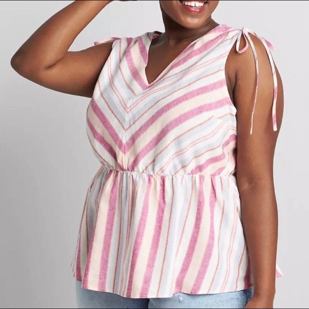 NWT Lane Bryant Linen Blend Striped Peplum Top Pink White Sleeveless Size 22/24
